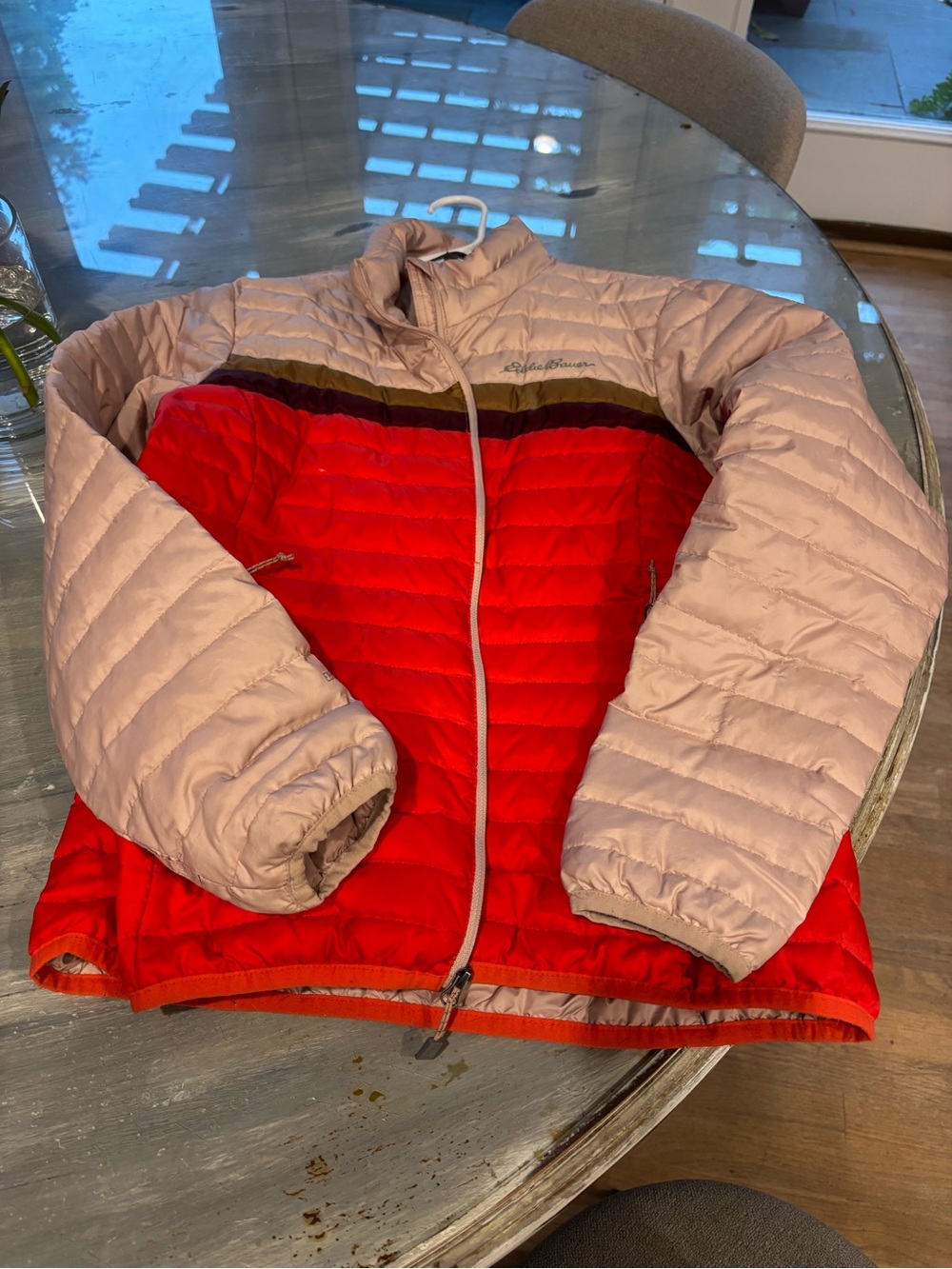 Eddie Bauer Two-Tone Red and Light Pink Quilted Puffer Jacket